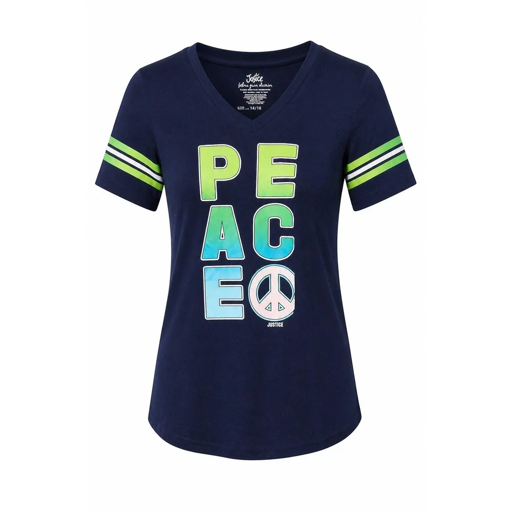 Justice Girls Navy Blue Peace Graphic Sleep Shirt V-Neck Athletic Stripes 16/18